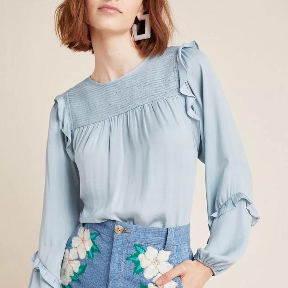 Anthropologie Dolan Blue Satin Puff Sleeve Ruffled Long Sleeve Blouse Size XS